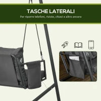 Dondolo da Giardino 2 Posti con Cuscini e Tasche, in Acciaio e Textilene, 168x117x181 cm, Grigio Scuro