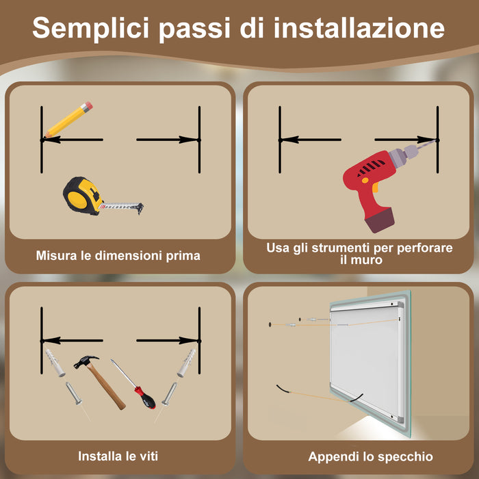 AICA Specchio Da Bagno Rettangolare Da 150x80cm con LED, Antiappannamento, 3 Temperature Colore