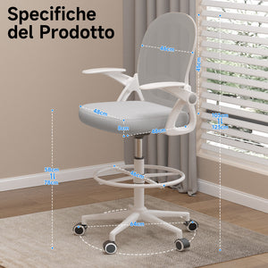 Sedia ufficio altezza alta - Mesh Drafting Chair - Altezza e Poggiapiedi Regolabili - braccioli regolabili - Capacità di Carico 120 kg - Grigio