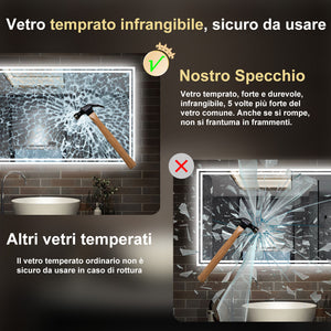 140 x 80 cm,AICA Specchio da Bagno LED con Luce, 3 Colori Regolabili,Blue tooth,orologio,memoria, antiappannamento,CRI>90,autospegnimento