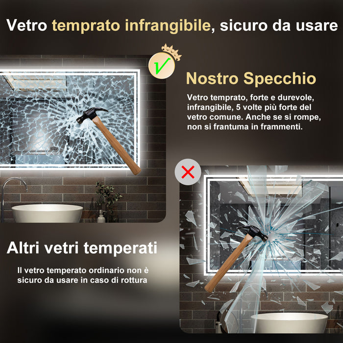 140 x 80 cm,AICA Specchio da Bagno LED con Luce, 3 Colori Regolabili,Blue tooth,orologio,memoria, antiappannamento,CRI>90,autospegnimento