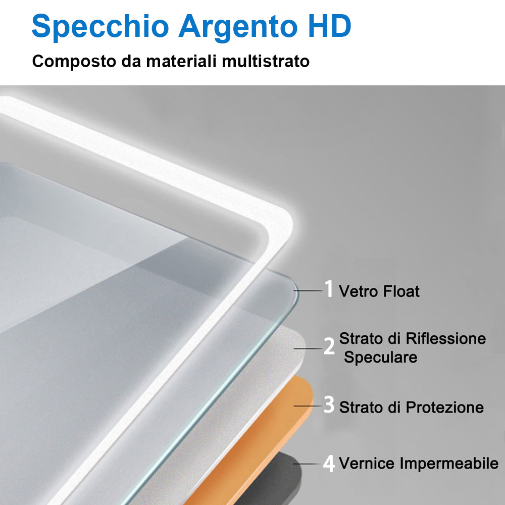 Aica Specchio da bagno a LED+70x50cm+Bluetooth+3 Temperature di Colore