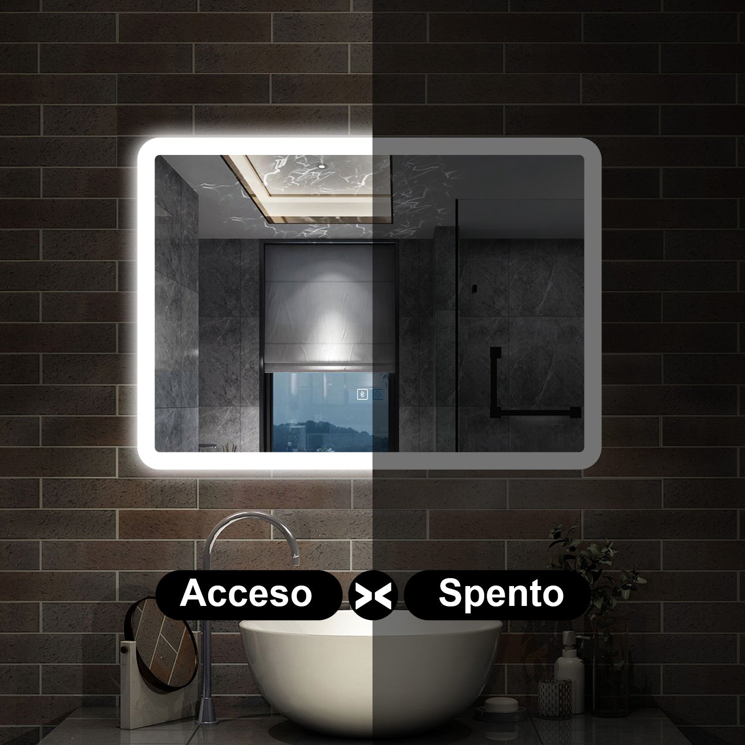 specchio rettangolare 80 x 60 cm con luce led a 3 colori, antiappannamento e touch, bluetooth