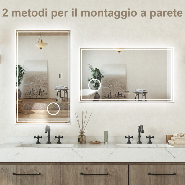 Specchio Luminoso da Bagno 80x60cm con Bluetooth, 3 Luci LED, Regolabile, Lente d'Ingrandimento, Orologio, Anti-Appannamento e Memoria