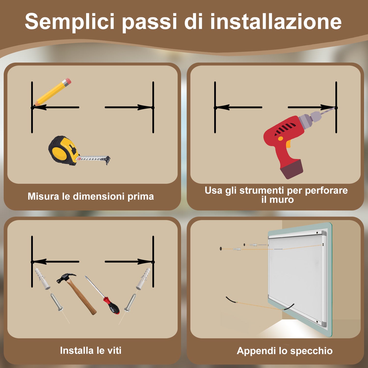 Aica Specchio da bagno a LED con Bluetooth 70 x 50 cm, 3 colori di luce regolabili, tasti a sfioramento