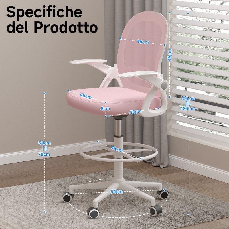 Sedia ufficio altezza alta - Mesh Drafting Chair - Altezza e Poggiapiedi Regolabili - braccioli regolabili - Capacità di Carico 120 kg - Rosa