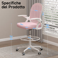 Sedia ufficio altezza alta - Mesh Drafting Chair - Altezza e Poggiapiedi Regolabili - braccioli regolabili - Capacità di Carico 120 kg - Rosa