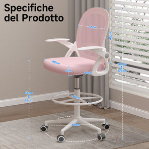 Sedia ufficio altezza alta - Mesh Drafting Chair - Altezza e Poggiapiedi Regolabili - braccioli regolabili - Capacità di Carico 120 kg - Rosa