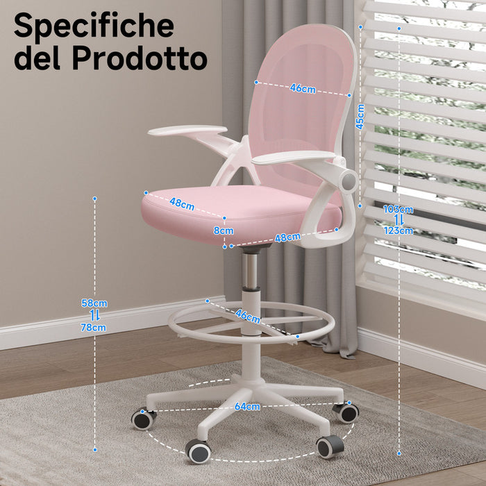Sedia ufficio altezza alta - Mesh Drafting Chair - Altezza e Poggiapiedi Regolabili - braccioli regolabili - Capacità di Carico 120 kg - Rosa