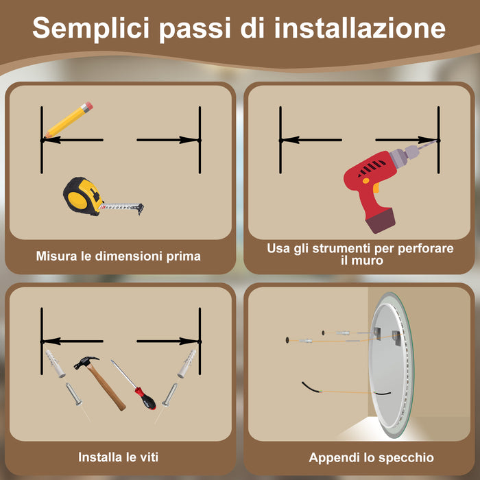 AICA Specchio Da Bagno Rotondo Da 90cm con LED, Antiappannamento, 3 Temperature Colore