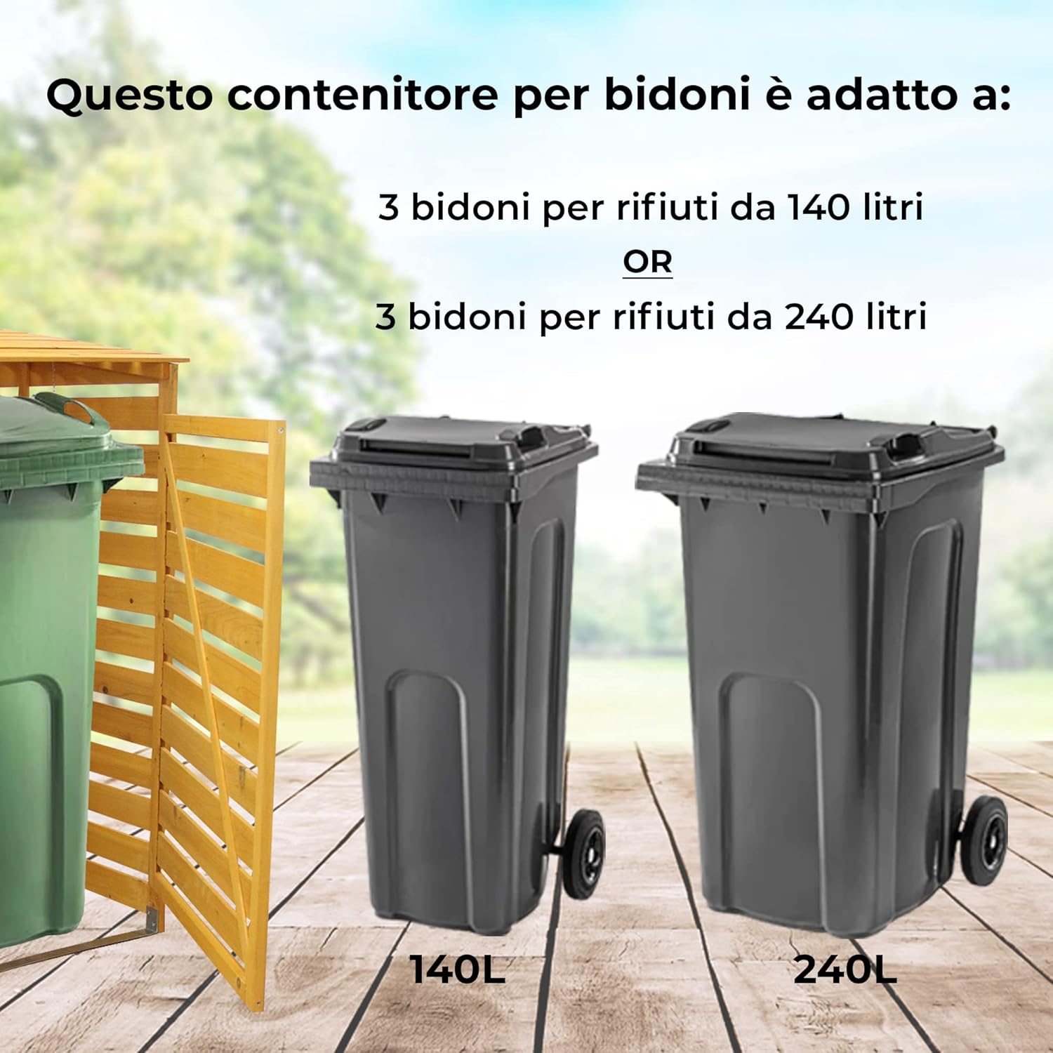 Triplo Copribidone della Spazzatura in Legno Robusto per Contenere 3 Bidoni 240L