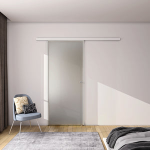 100x225 cm Porta Scorrevole in Vetro da 8 mm Temperato Opaco con Pellicola Anti-frantumi con Binario in Alluminio Bianco Verniciato