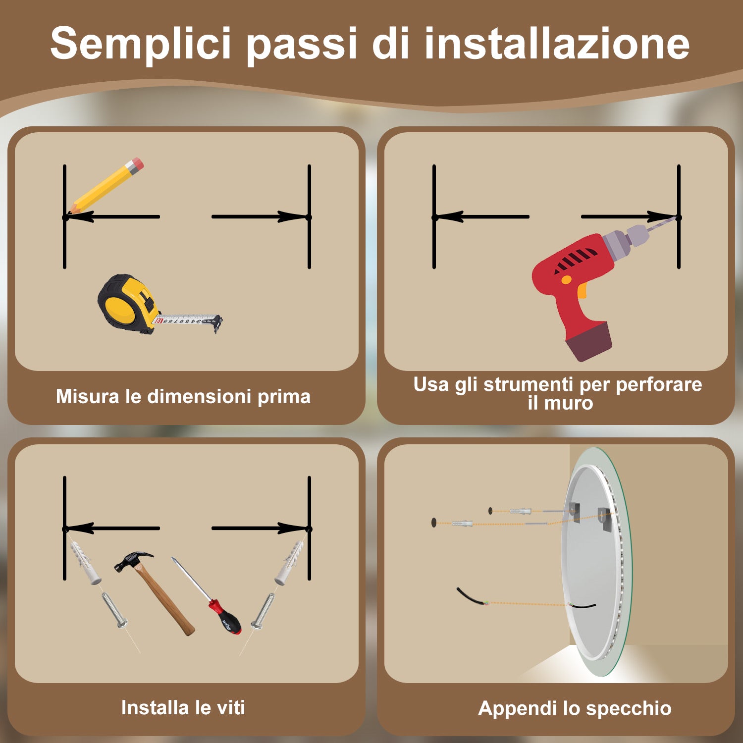 AICA Specchio Da Bagno Rotondo Da 90cm con LED, Antiappannamento, 3 Temperature Colore, Retroilluminato