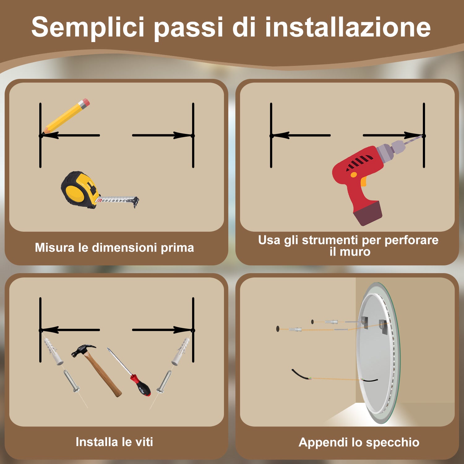 AICA Specchio Da Bagno Rotondo Da 60cm con LED, Antiappannamento, 3 Temperature Colore