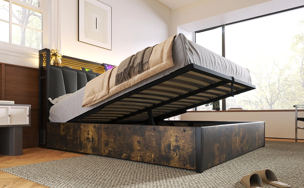 Letto matrimoniale 160x200 cm in metallo e lino grigio con LED RGBW, prese USB e contenitore