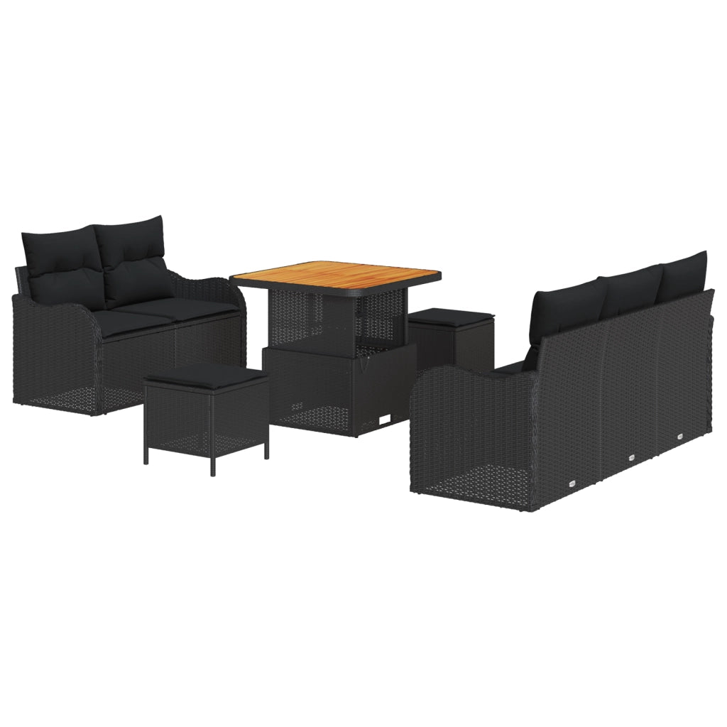 Set Divano da Giardino 8 Pezzi con Cuscini Nero Polyrattan Acacia