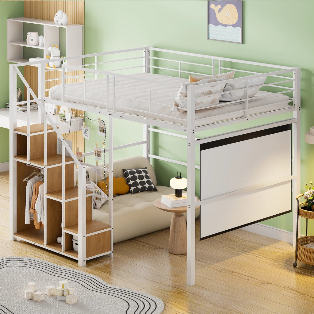 OKWISH Letto a Soppalco 140×200 cm, Letto Matrimoniale con Scala, Contenitore, Armadio e Sponda, senza Materasso, in Metallo, Bianco