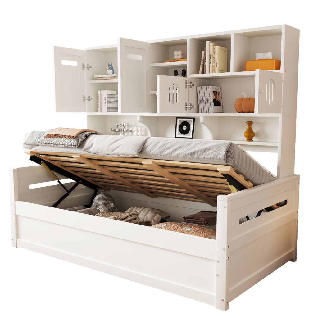 OKWISH Letto Divano 90×200 cm, Letto Singolo con Contenitore Idraulico, Vani e Armadietti Portaoggetti, senza Materasso, Bianco