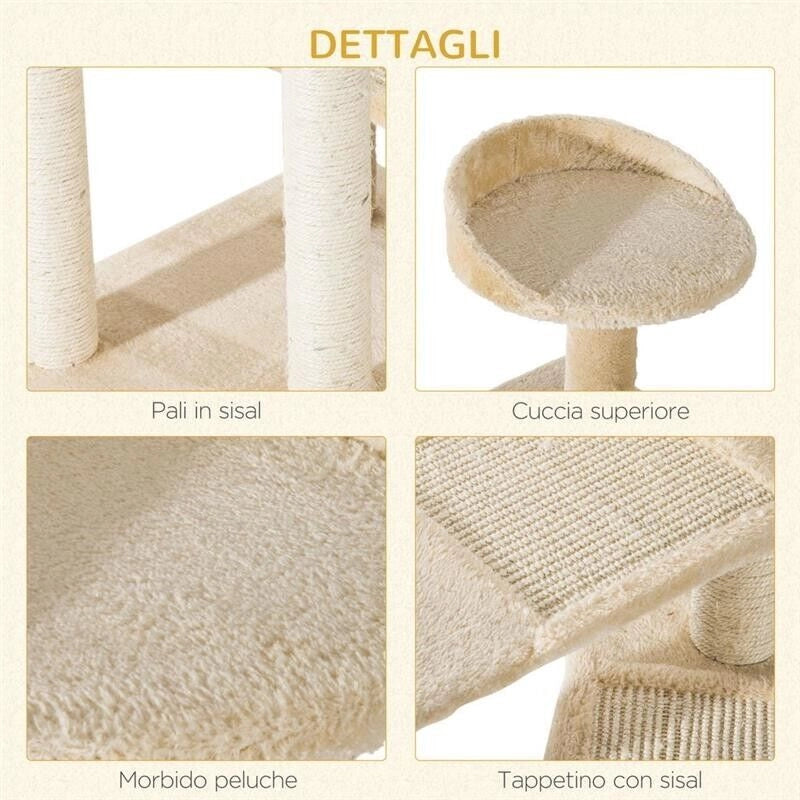 ALBERO PER GATTI MULTILIVELLO CON TIRAGRAFFI IN SISAL PER GATTI CON PIATTAFORME E CUCCIA IN PELUCHE BEIGE, 50X50X100 CM