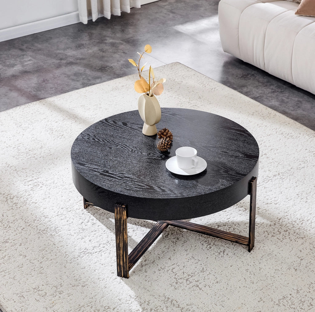 Tavolino rotondo 68x36 cm con piano effetto legno nero; base a croce in metallo; nero