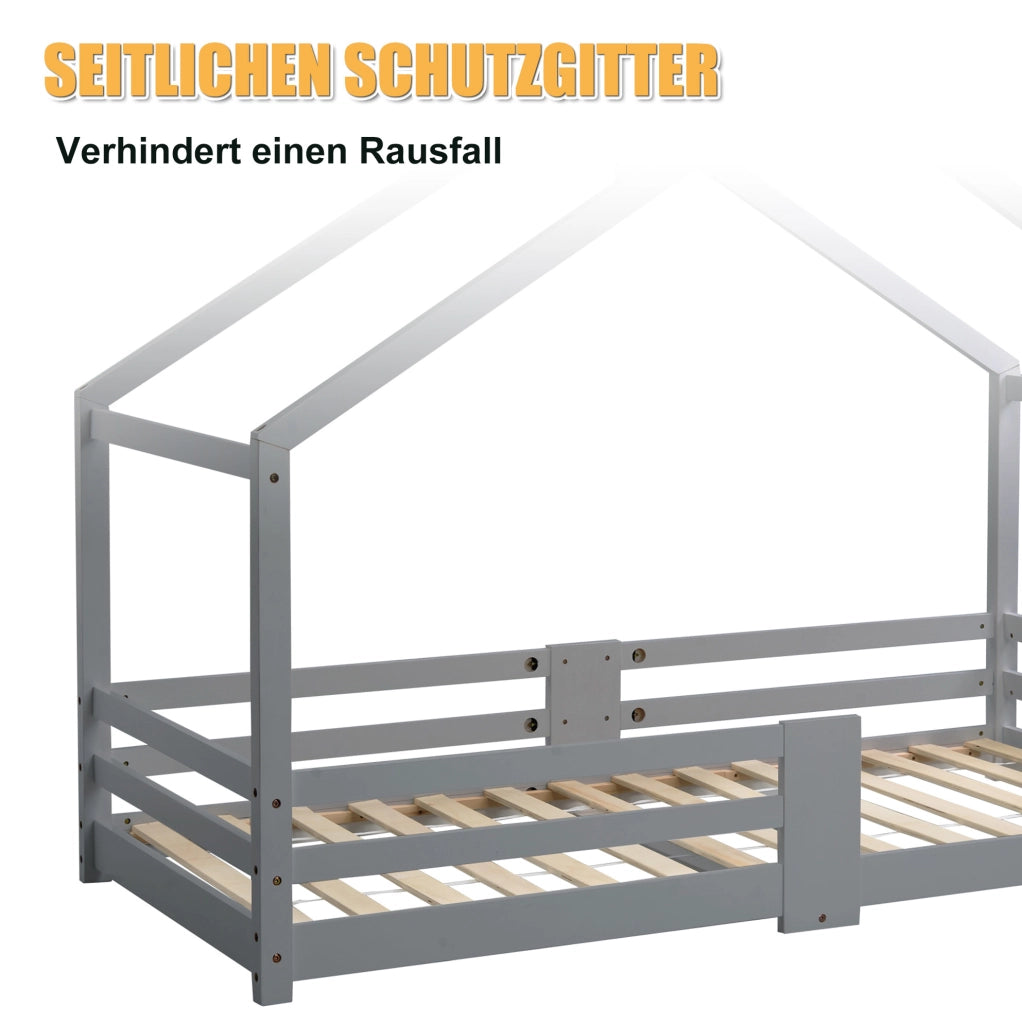 Lettino a casetta per bambini 90x200 cm in legno massello di pino; grigio