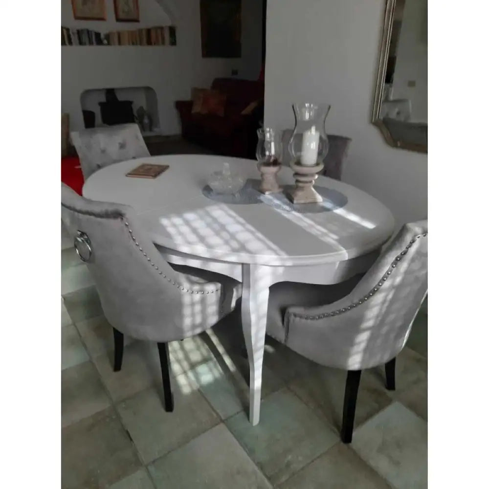 Tavolo ovale con 1 allunghe da 50 cm fino 210 cm in legno massello e mdf con rifiniture in bianco 160X110x75 H chiuso