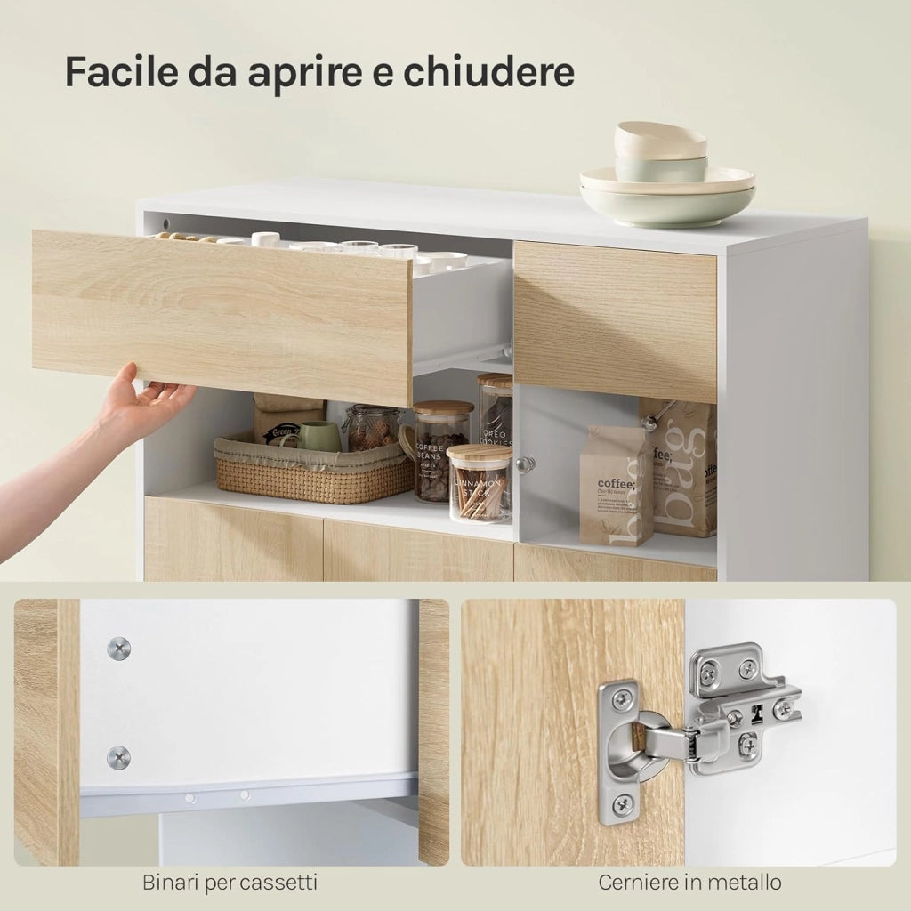 Credenza Cucina con Cassetto e Scomparti Aperto e Chiusi, Mobile Buffet con 1 Anta Trasparente, per Soggiorno, Cucina, in Legno, 100x40x80 cm, Rovere Chiaro+Bianco