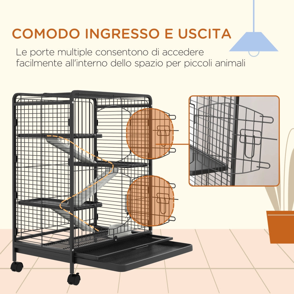 Gabbia per Piccoli Animali con Ruote ¨C zephmum ¨C 3 Rampe, 3 Piattaforme, Nero, 61.5x44x95 cm