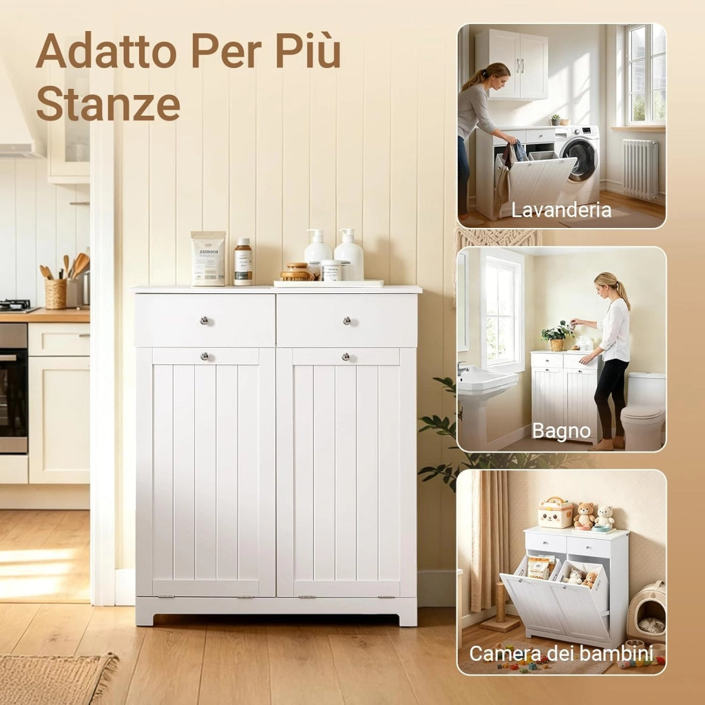 Mobile Spazzatura da Cucina con Pattumiera Integrata Armadietto Raccolta Differenziata con 2 Cassetti e 2 Sacchi da 45L Mobiletto Salvaspazio con Chiusura Silenziosa Bianco 78x38x90cm BZR33-II-W
