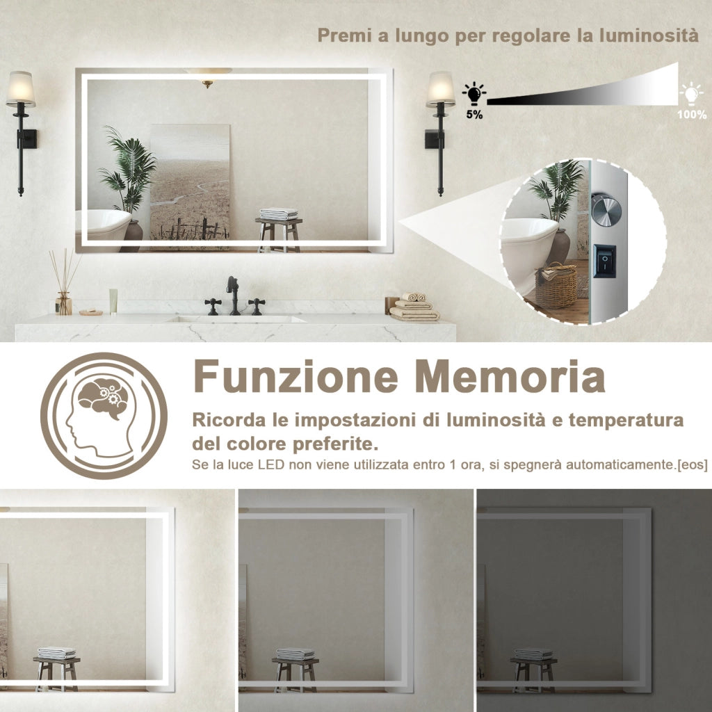 Specchio bagno Rettangolare 120x70cm Retroilluminato Con Led, Antiappannamento + 3 Luci