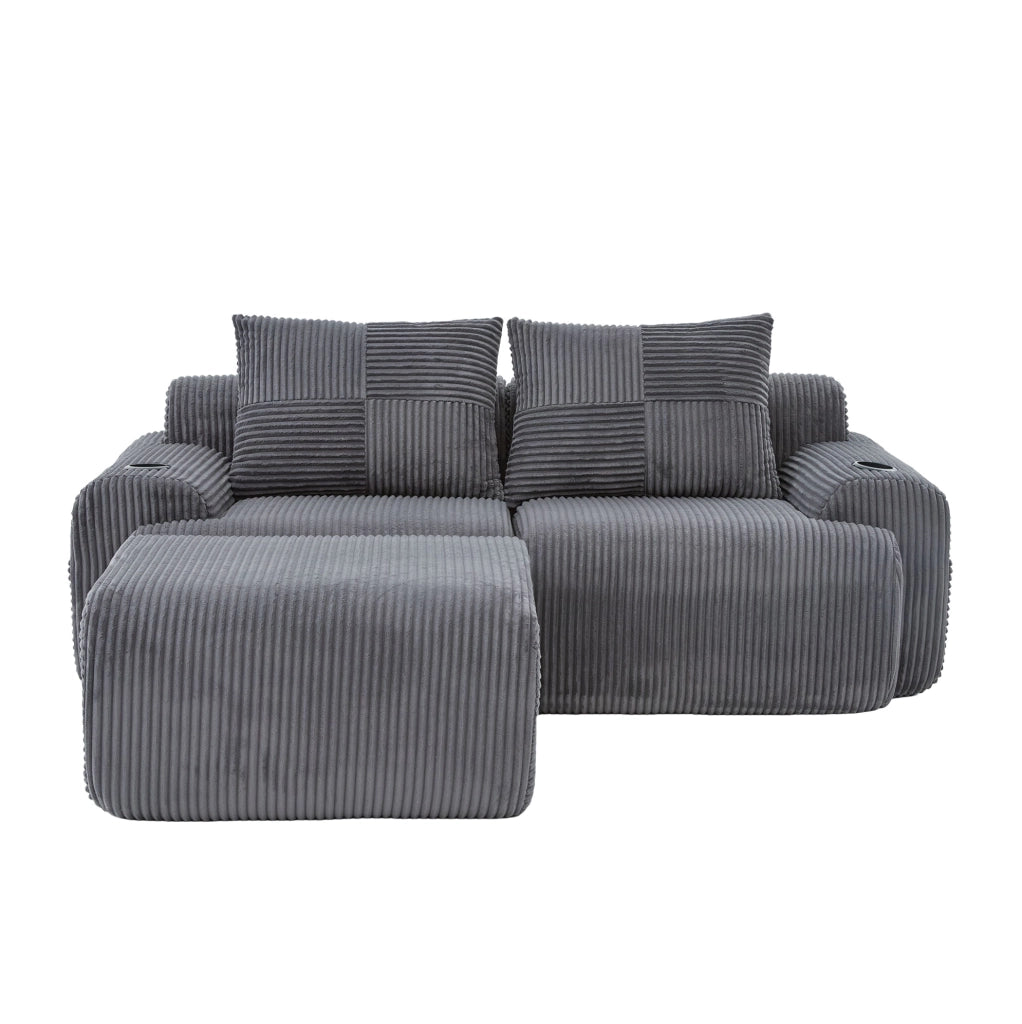Divano modulare 2 posti con pouf; portabicchieri e tasca laterale; velluto a coste grigio scuro