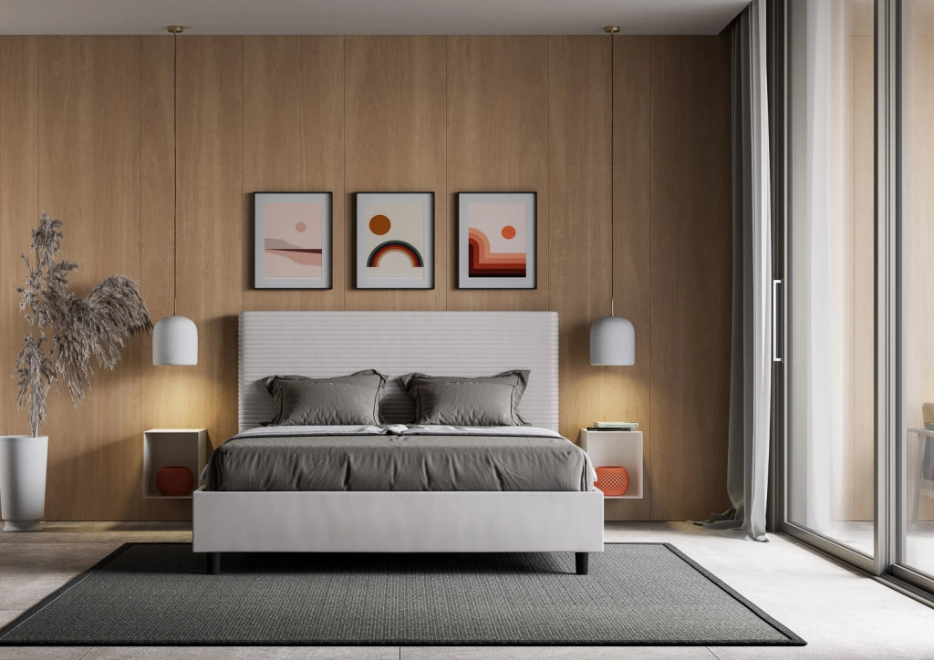 BS COM Letto queen size con rete imbottito 150x190 similpelle bianco