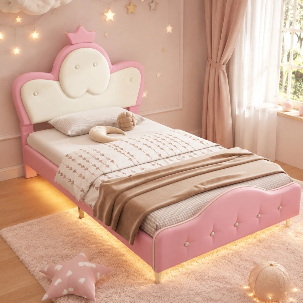 Letto imbottito per bambini con LED e testiera a corona 90x200 cm