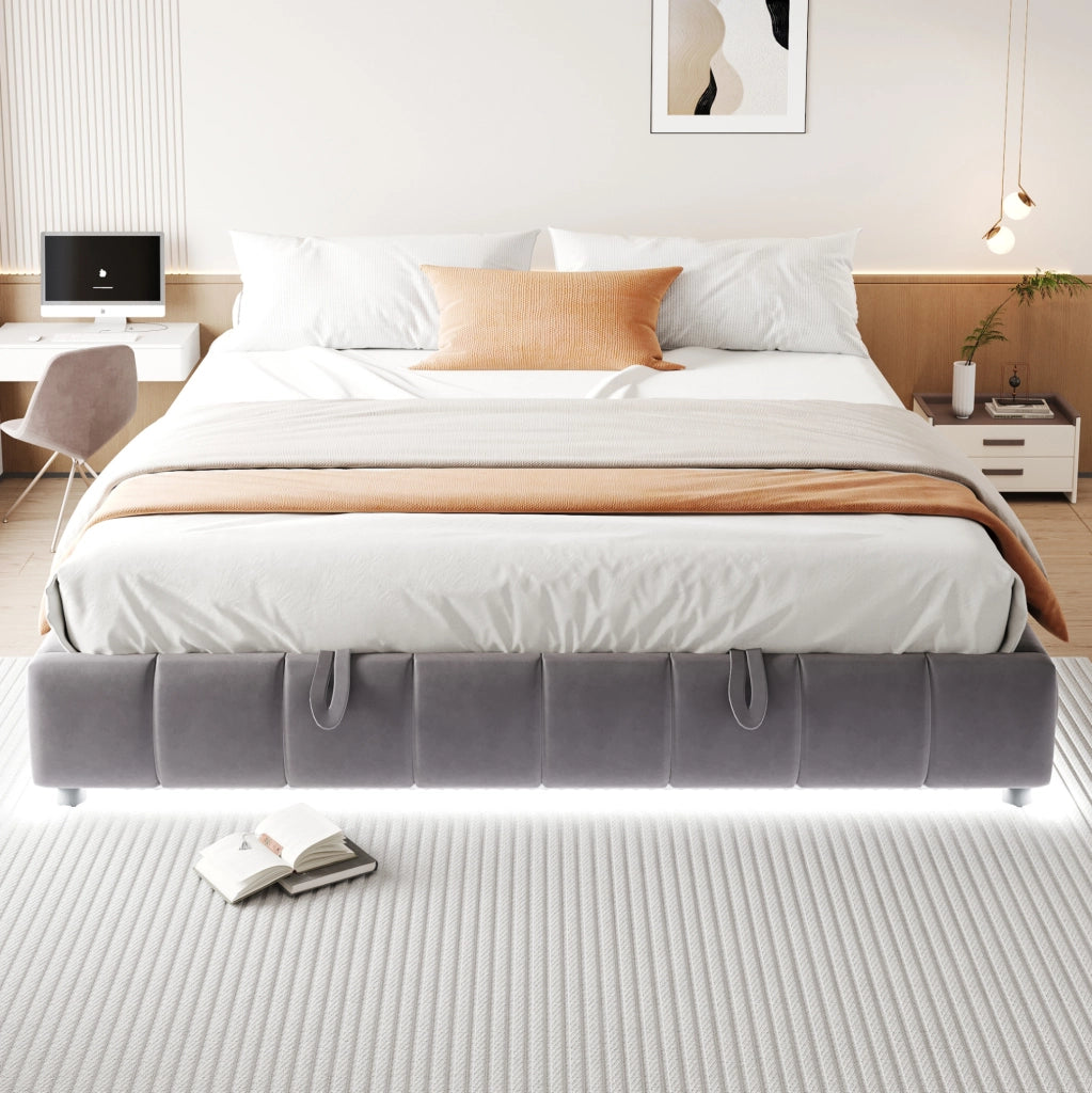 Letto imbottito 180x200 cm con contenitore; LED; senza testiera in flanella grigio