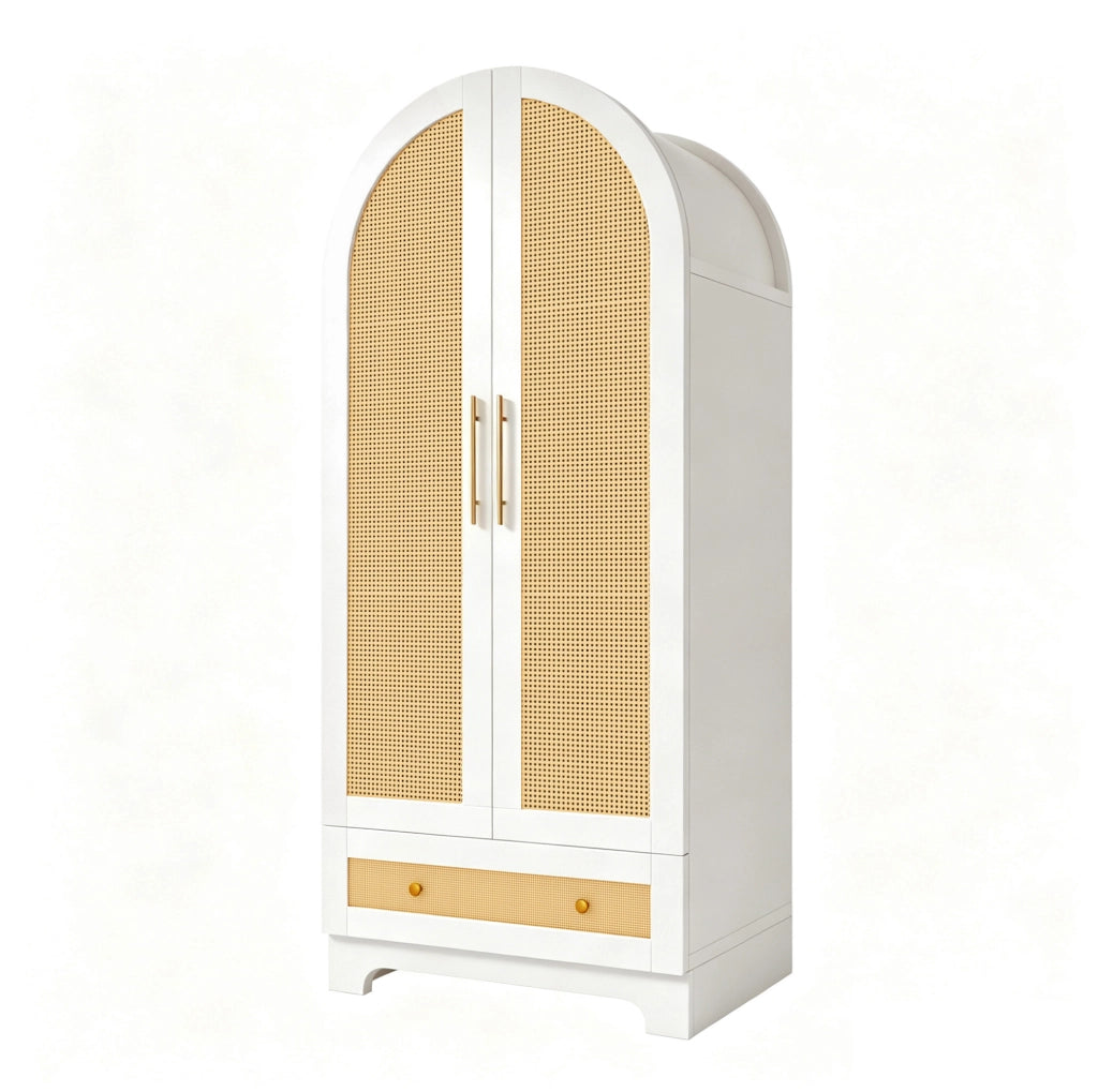 Armadio 2 ante bianco con 2 cassetti e pannelli effetto rattan