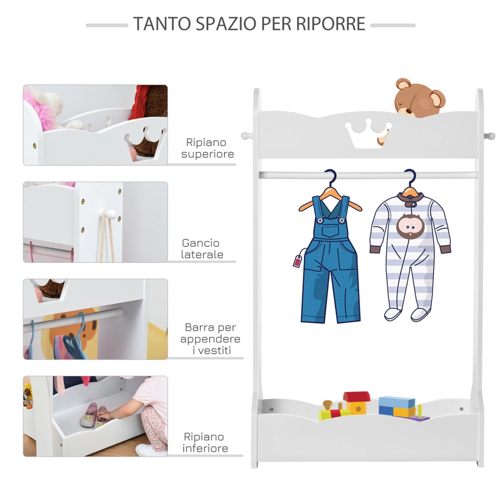 EasyComfort Appendiabiti per Bambini con Ripiani e Ganci Laterali, Arredamento per Cameretta in Legno, 70.5x37x103cm, Bianco
