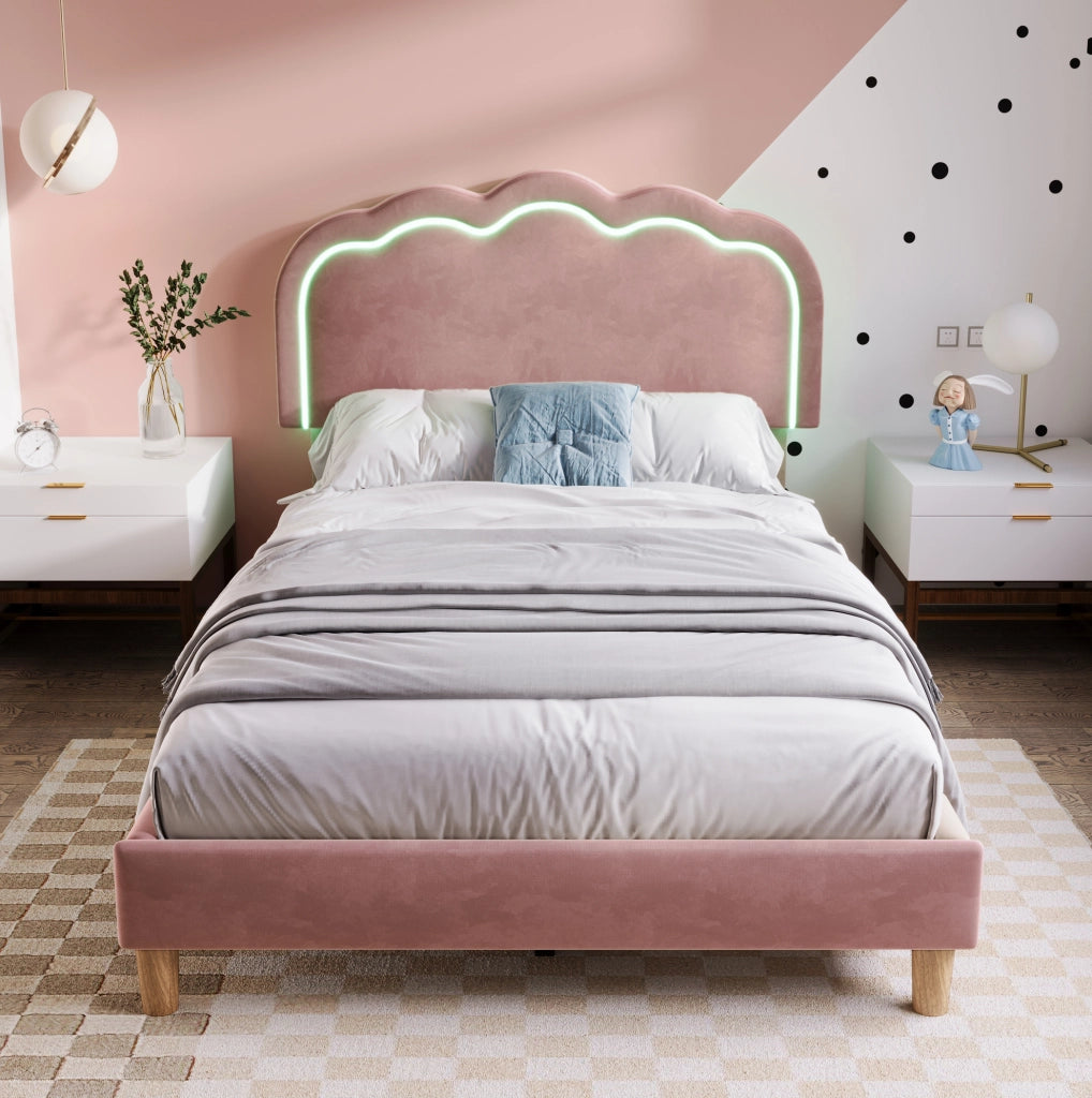 Letto imbottito 90x200 cm; testiera LED regolabile; velluto rosa (Senza materasso)