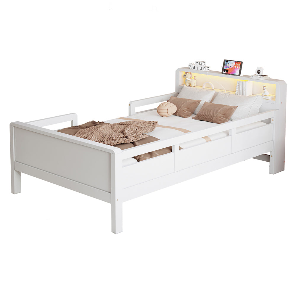 Letto bambino-Xylo-90x200 cm-USB-C, LED, testiera contenitore, bianco