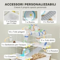 Gabbia per Criceti a 4 Livelli con Tubi, Ruota, 3 Porte e Vassoio, in Metallo, PP e PS, 78x45x73 cm, Bianco
