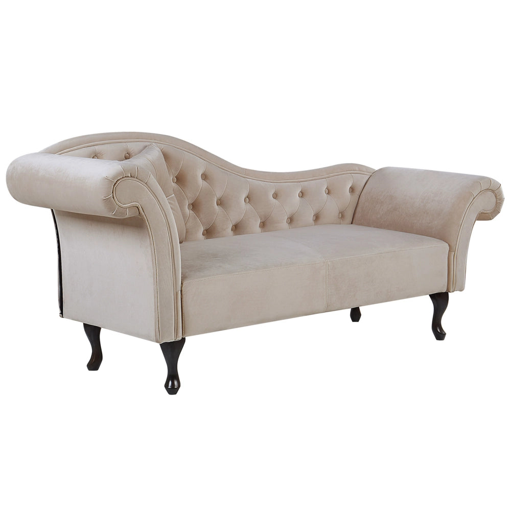 Chaise longue Beige Velluto Bottone Tappezzeria Trapuntata Braccioli Arrotolati versione sinistra con Cuscino