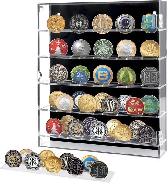 Muntenhouder 26 x 30 x 5 cm - 5 etages, spazio di stoccaggio senza tessuto per 45 monete - Scatola organizzatore per monete, zecchini, medaglioni e badge in acrilico