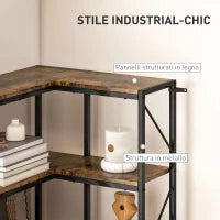 Libreria Angolare Industriale a 7 Livelli, in Legno e Acciaio, 60x60x198 cm, Marrone Rustico