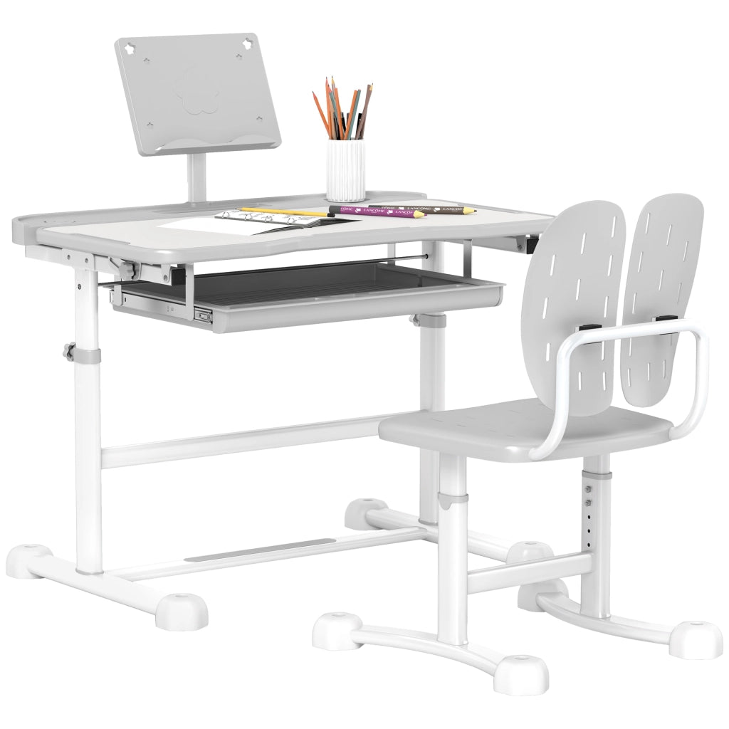 Scrivania bambini con sedia regolabile, piano inclinabile 45¡ã, cassetto e porta libri ¨C zephmum ¨C grigio
