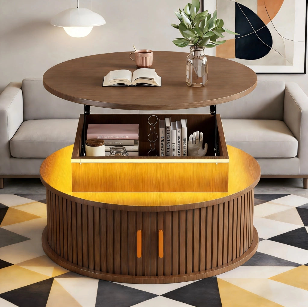 Tavolino da caffè rotondo regolabile in altezza con LED; 75 cm; MDF; color noce