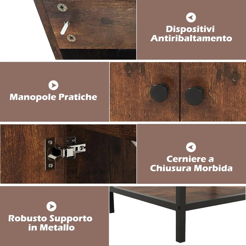 Mobile Sottolavabo per Bagno in Legno, Mobiletto da Bagno con 2 Ante e Mensola Aperta, Mobile da Bagno a Terra Stile Vintage con Lavandino in Ceramica, 61 x 46,5 x 87 cm, Marrone Rustico