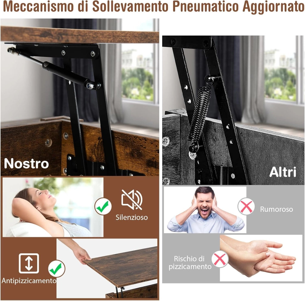 Tavolino da Caffè Sollevabile, Tavolino da Divano Industriale con 2 Cassetti, Vano Chiuso, Ripiano e Sistema di Sollevamento Pneumatico, Tavolino da Salotto, Studio e Ufficio