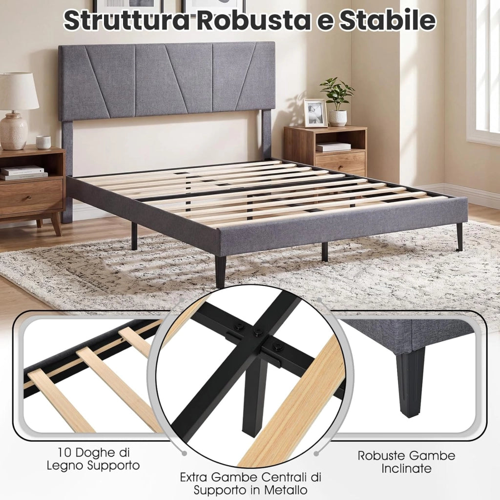 Struttura Letto Matrimoniale, Letto Piattaforma Rivestito in Lino con Testiera Regolabile in Altezza, Doghe in Legno a Supporto del Materasso, Silenzioso (200x160cm)
