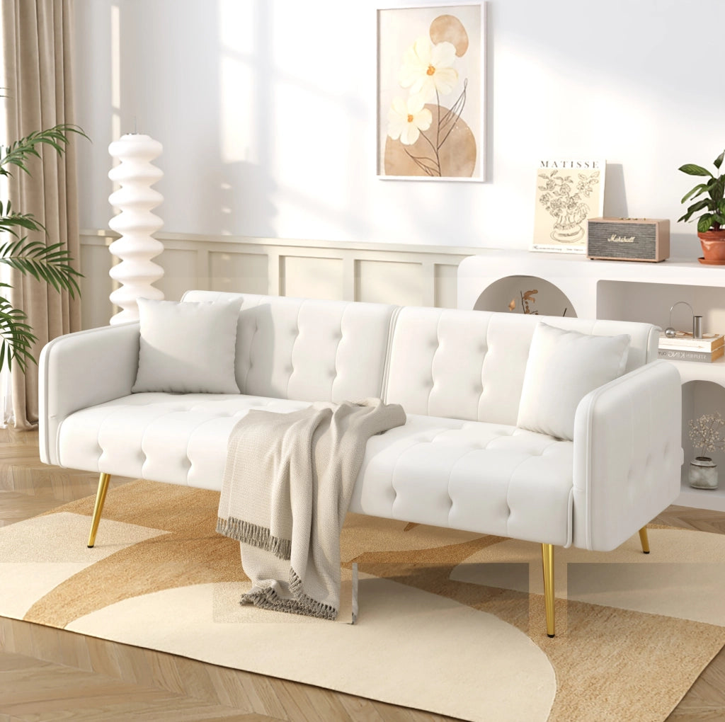 Divano letto 2 posti convertibile con schienale reclinabile; 215 x 81;5 cm; velluto bianco antico