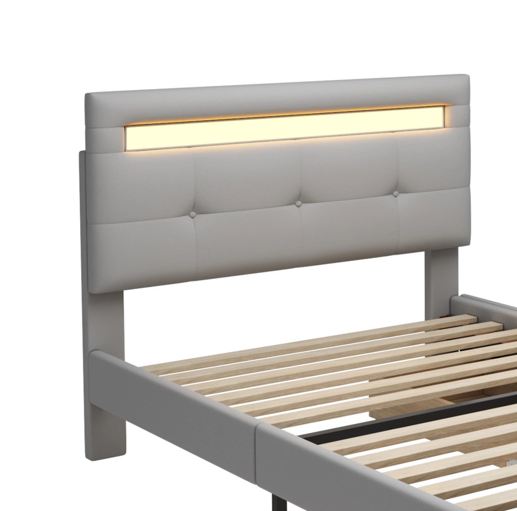 Letto imbottito 90x200 cm con LED; 2 cassetti; rete a doghe; grigio