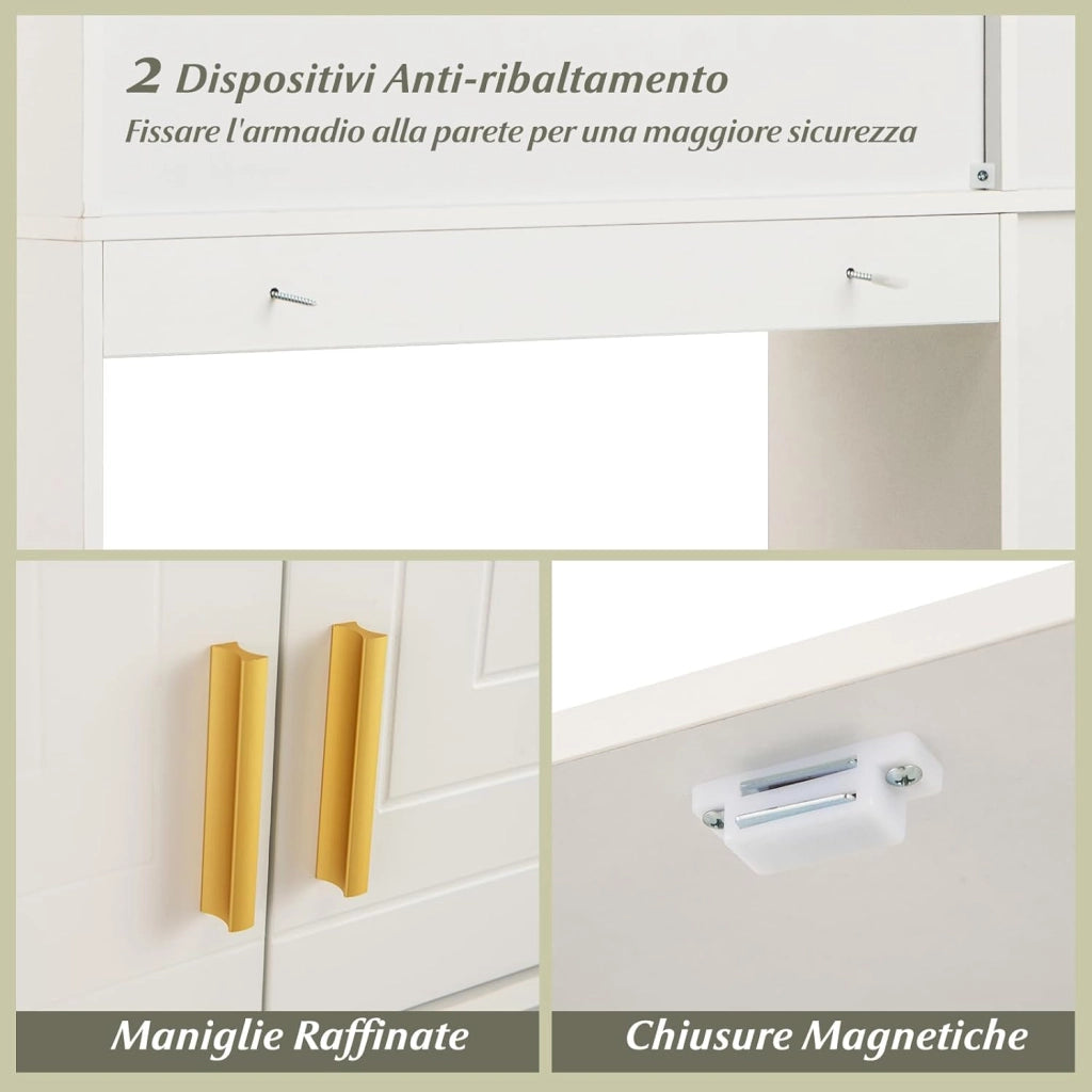Mobile da Bagno Sopra WC, Scaffale Salvaspazio con Armadietto a 2 Ante, 6 Scomparti Aperti, Porta Fazzoletti, Gancio e Ripiano Regolabile, Mobiletto per Bagno e Lavanderia (Bianco)